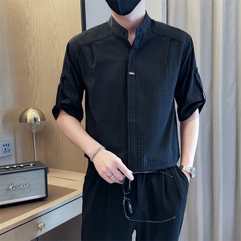 夏男立领条纹衬衫男休闲修身休闲衬衣小伙A236-82550-P60,男装衬衫,电商A236