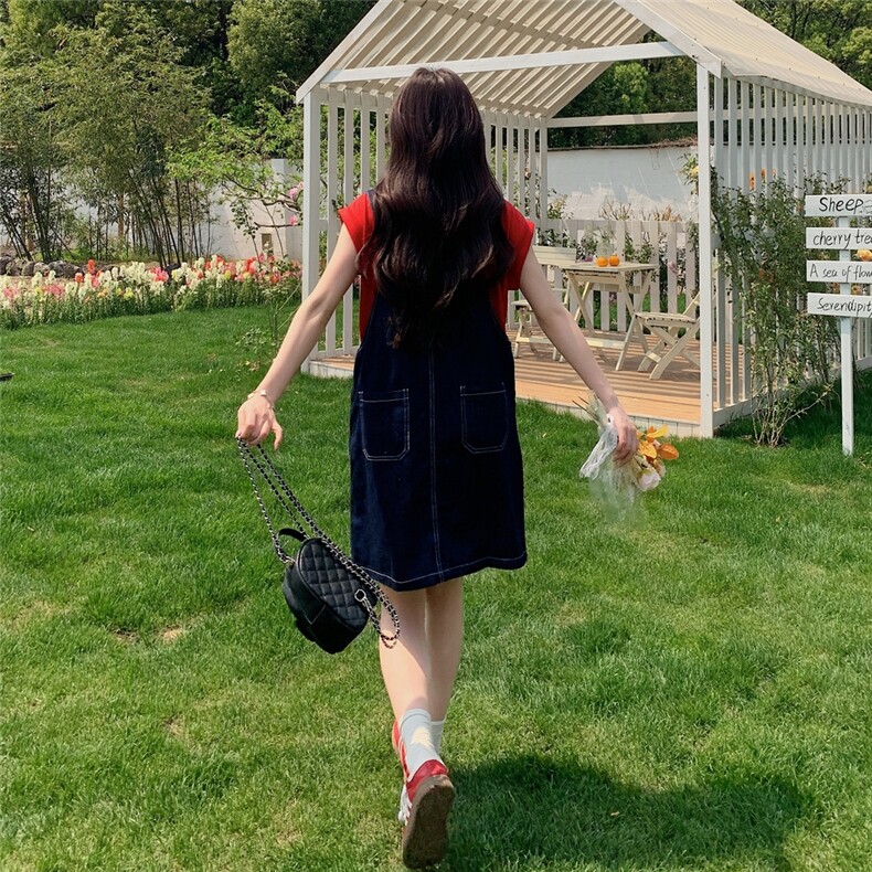 港风复古牛仔背带连衣裙套装女夏2025新款韩系洋气时尚减龄小个子,女装套装/套裙,2C012