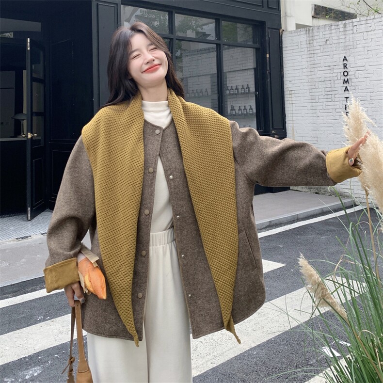 针织披肩小香风皮毛一体毛呢外套女秋冬2025新款时髦减龄高级大衣,女装短外套,2C129