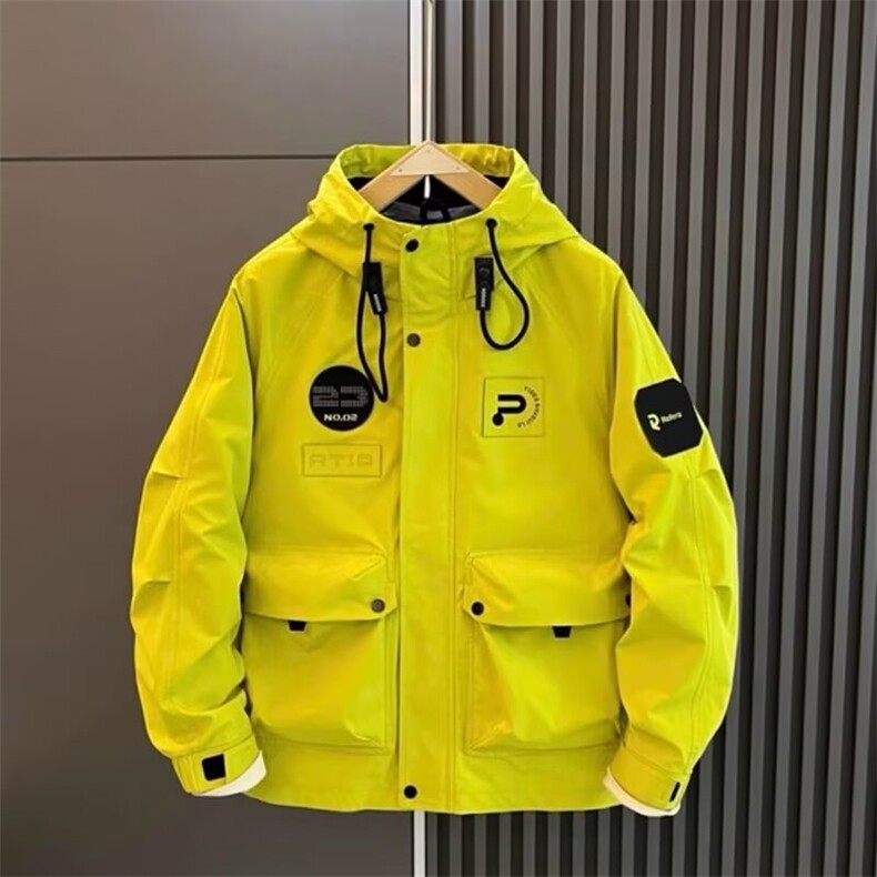 春秋新款工装连帽宽松外套男韩版百搭贴标冲锋衣青年时尚痞帅夹克,男装夹克,电商B212（原钱塘6029）
