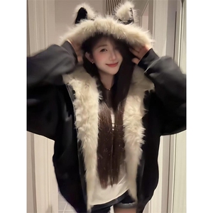 现货重磅硬挺boxy羽绒棉衣座山雕猫耳大毛毛领麂皮棉服冬外套图片