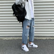 20新款港风男士破洞宽松乞丐毛边牛仔裤阔腿裤女中性B，男装牛仔裤，星座1008