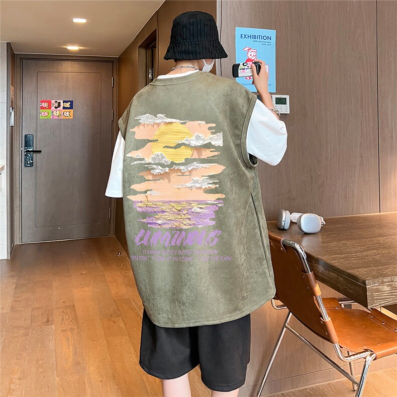 直播美式麂皮绒宽松背心无袖t恤短裤大码两件套套装TZ107-P58,男装T恤,电商A486
