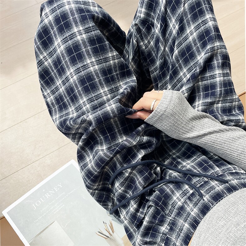 格子休闲阔腿裤秋冬2025新款复古高腰垂感系带慵懒风直筒裤,女装休闲裤,云美莎专业女裤-全店现货