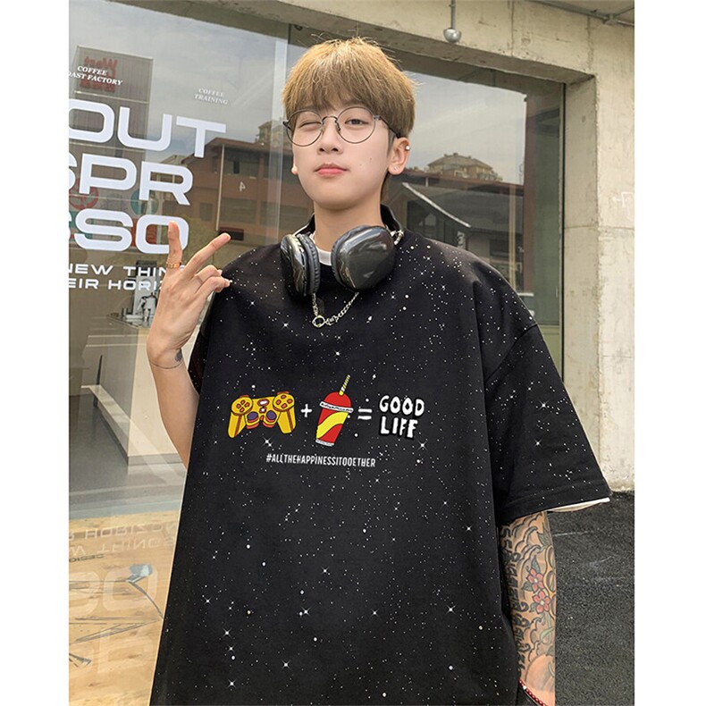 可48小时发货支持抖音得物来样二开美式满天星亮片短袖T恤MTX649,男装T恤,电商A486