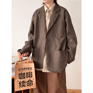 复古小清新细格纹西服男女春秋宽松休闲港风小西装外套X018-P60图片