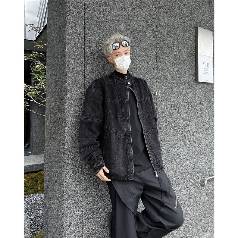 外骨骼脊柱’结构做旧重水洗活页机车短宽牛仔外套夹克W6269-P75,男装夹克,星座412-3
