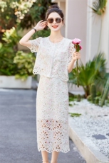 短袖2024年夏季纽扣气质修身靓丽女装蕾丝两件套套裙长裙，女装套装/套裙，微微衣阁
