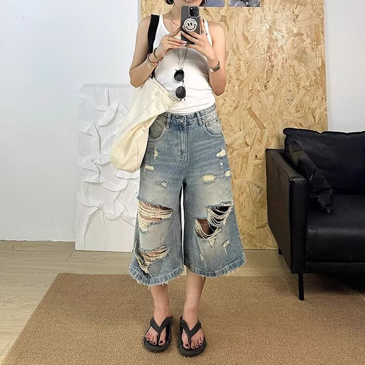 破洞七分牛仔裤夏季薄款显瘦百搭大码高腰宽松直筒阔腿裤子图片