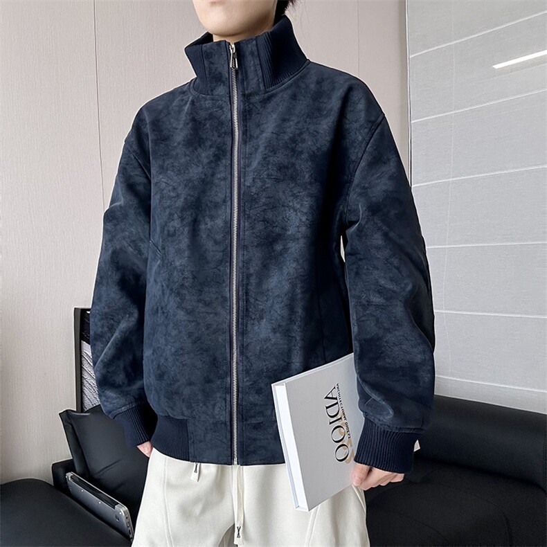 潮牌复古扎染PU皮夹克男外套痞帅立领工装棒球服25XJ55259特批60,男装夹克,电商A042