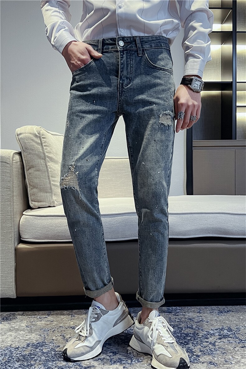 B230时尚做旧泼墨甩漆破烂补丁修身牛仔裤男长期备货款7705P90,男装牛仔裤,电商B230