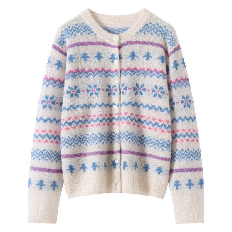 2025年秋季新款针织拼色提花针织羊绒开衫时尚休闲通勤百搭，女装羊绒衫，多娇羊绒