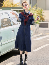 春季超好看披肩牛仔连衣裙长袖女款2025年新款时髦潮流高级感裙子，女装连衣裙，E百度