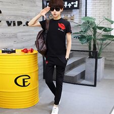 2021夏季男圆领短袖九分裤套装刺绣男韩版修身棉T恤A112-t704-P60，男装套装，星座1206（原A206）