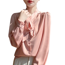 轻奢高端香槟色缎面蝴蝶结衬衫女飘带长袖衬衣职业通勤穿搭上衣，女装衬衫，圣丽羊绒