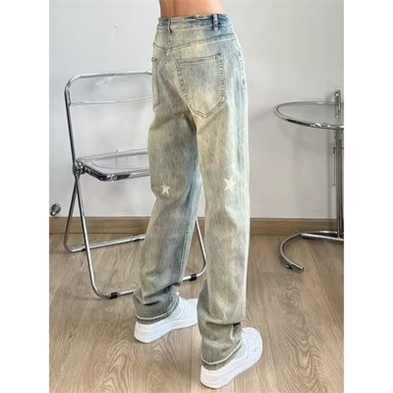 直筒牛仔裤男春季潮牌时尚宽松黄泥水洗星星印花牛仔裤潮,男装牛仔裤,星座506A