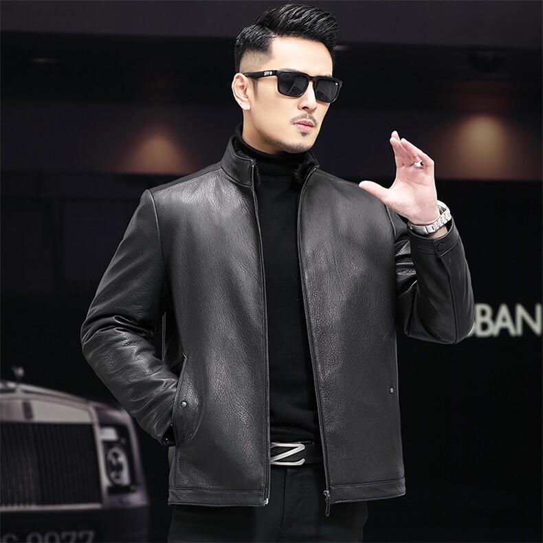 新款鹿纹皮山羊皮立翻领海宁皮衣男中老年真皮皮夹克羽绒内胆脱卸，男装夹克，电商B360A（原721A）