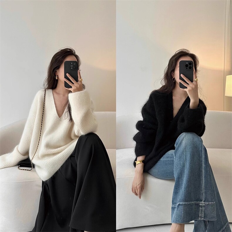 秋冬显瘦毛衣女宽松休闲打底针织V领羊毛衫上衣,女装羊毛衫,佳弈羊绒