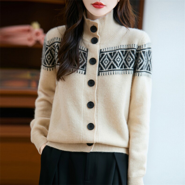 重工费尔岛提花羊毛针织开衫女外套毛衣2025新款法式高端时髦上衣，女装羊毛衫，昭美羊绒