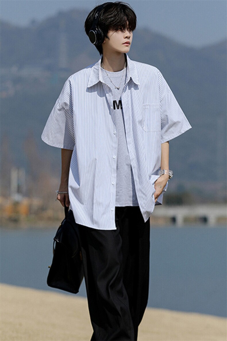 条纹拼接短袖衬衫男夏季潮牌文艺风cleanfit宽松休闲痞帅衬衣外套,男装衬衫,电商B312