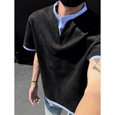 夏季新款假两件大码立领麂皮绒宽松短袖T恤B315-ST003-特p25控48，男装T恤，电商B315