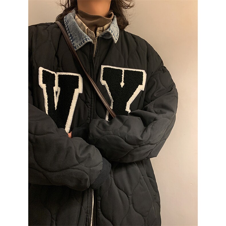 美式工装棉服oversize潮设计感小众复古牛仔polo领外套M02513-P78,男装棉衣,星座308B-1
