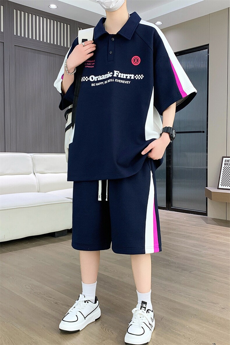 港风套装男宽松菠萝格冰丝青年翻领短袖T恤短裤两件套-JZ507-P53,男装牛仔裤,星座310B-3