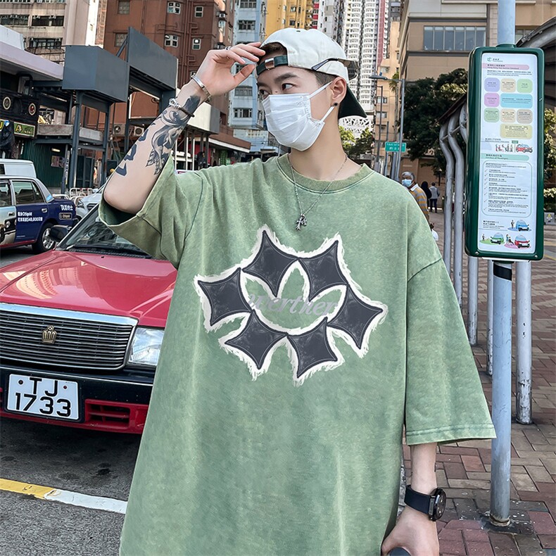 美式几何图案印花复古水洗做旧半袖重磅短袖T恤B239-1136-P38,男装T恤,星座514-2(原B239)