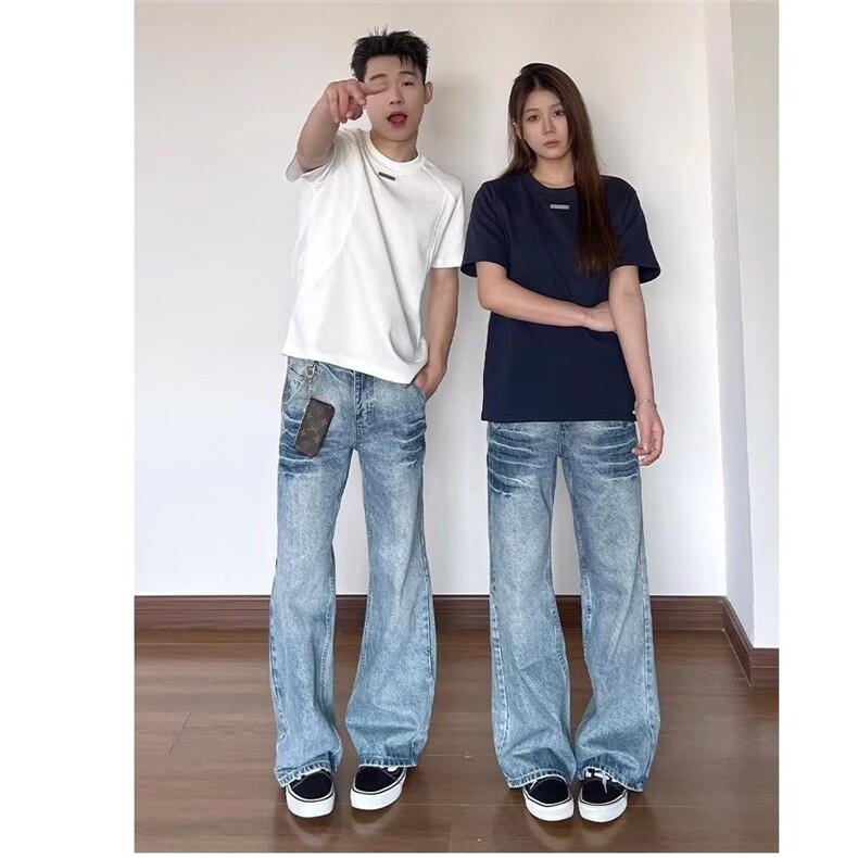 闪电纹冰蓝色牛仔裤男款美式微喇情侣裤子cleanfit修身显瘦直筒裤,男装牛仔裤,星座603-2
