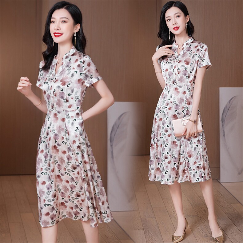 杭州真丝连衣裙女夏2026新款印花高端中年妈妈真丝连衣裙,女装连衣裙,阿舍尔精品