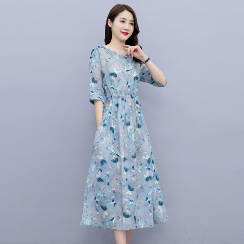 苏杭高端亚麻碎花连衣裙2025新款夏季减龄时尚收腰显瘦棉麻长裙子,女装连衣裙,雅佳俏