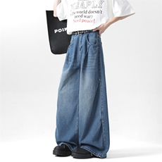 褶皱阔腿牛仔裤男春秋季美式复古cleanfit宽松水洗做旧长裤，男装牛仔裤，星座410-6（原星座1304-1）