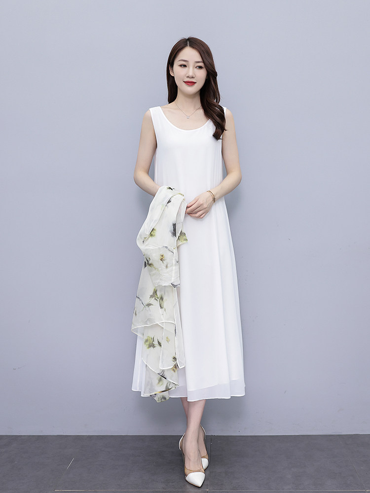 夏季新款优雅印花防晒外披长款连衣裙两件套,女装连衣裙,秀美人生