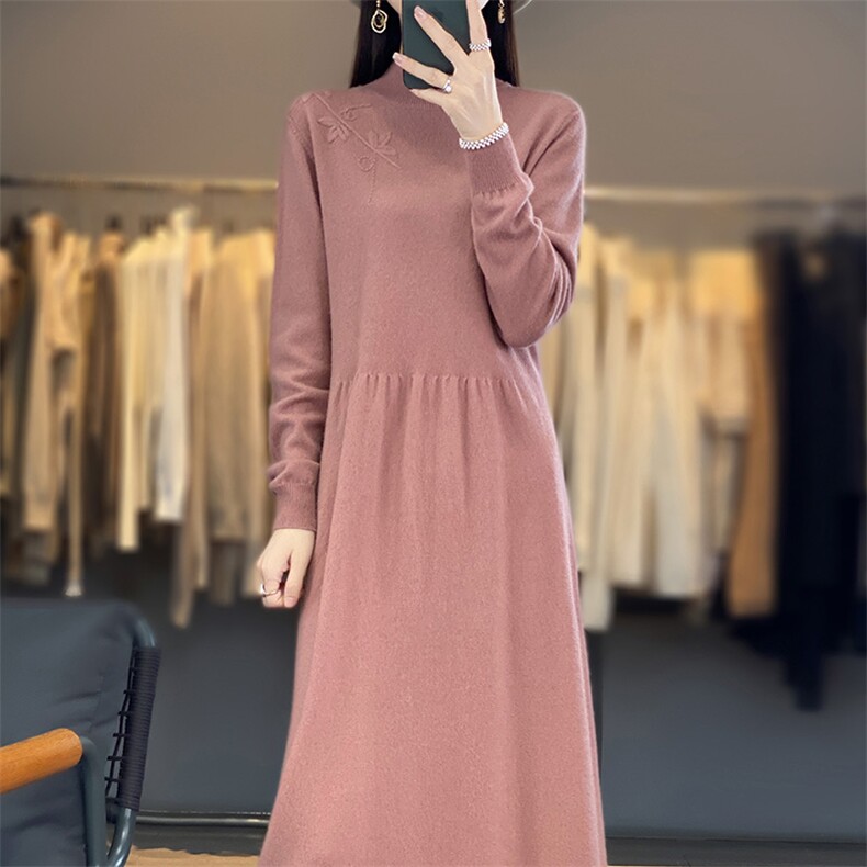 气质时尚简约百搭潮流竹叶中长款打底连衣裙,女装连衣裙,江南羊绒