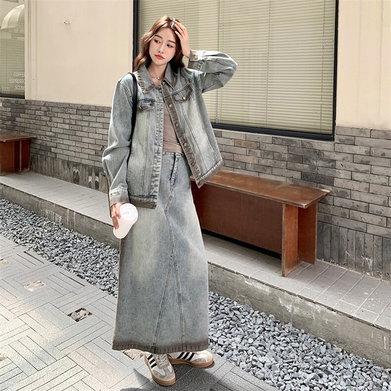 韩系复古牛仔外套半身裙套装女2025春秋季新款韩系减龄显瘦两件套图片