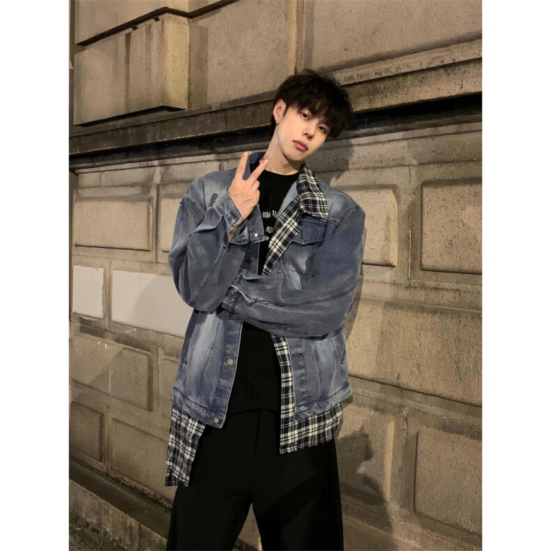 【有货】假两件牛仔外套男春秋格子衬衫拼接工装夹克JK8624CC-P85图片