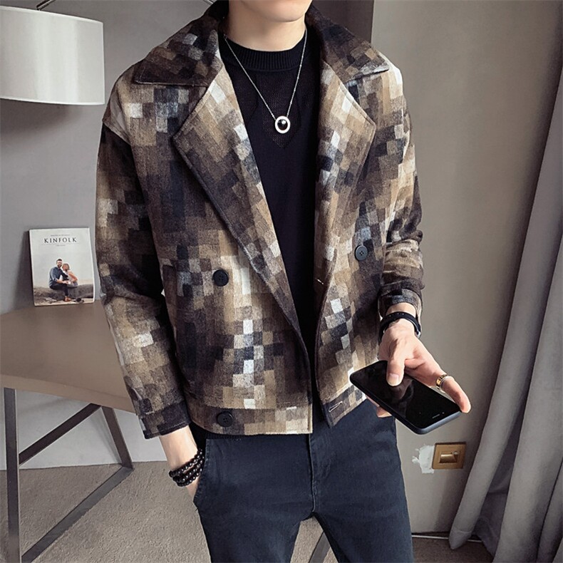小格子呢料双排扣呢子大衣无头风秋冬新款外套A328-20385-P120，男装毛呢大衣，星座406
