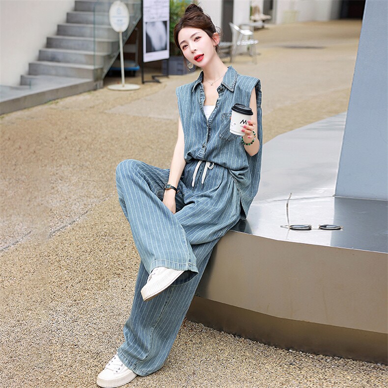 复古港风牛仔套装女夏季时尚无袖垫肩衬衫薄款天丝阔腿长裤两件套,女装套装/套裙,梦懿尔
