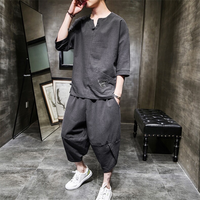 W57P75室内风春夏新款亚麻风大口袋七分套装盘扣刺绣,男装T恤,电商A026