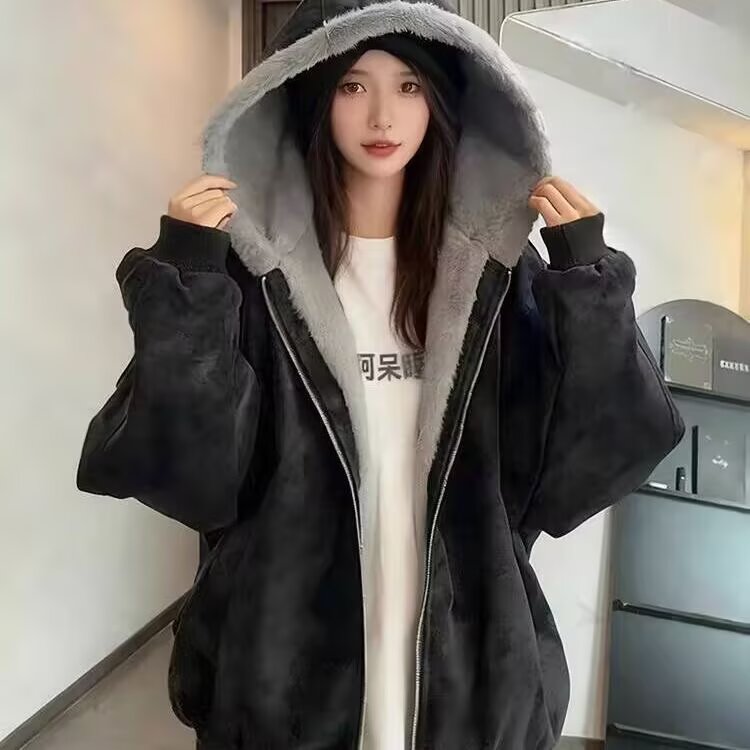 冬季复古做旧座山雕加厚连帽棉服男女宽松高级感皮拼兔绒毛外套,男装棉衣,星座410-7
