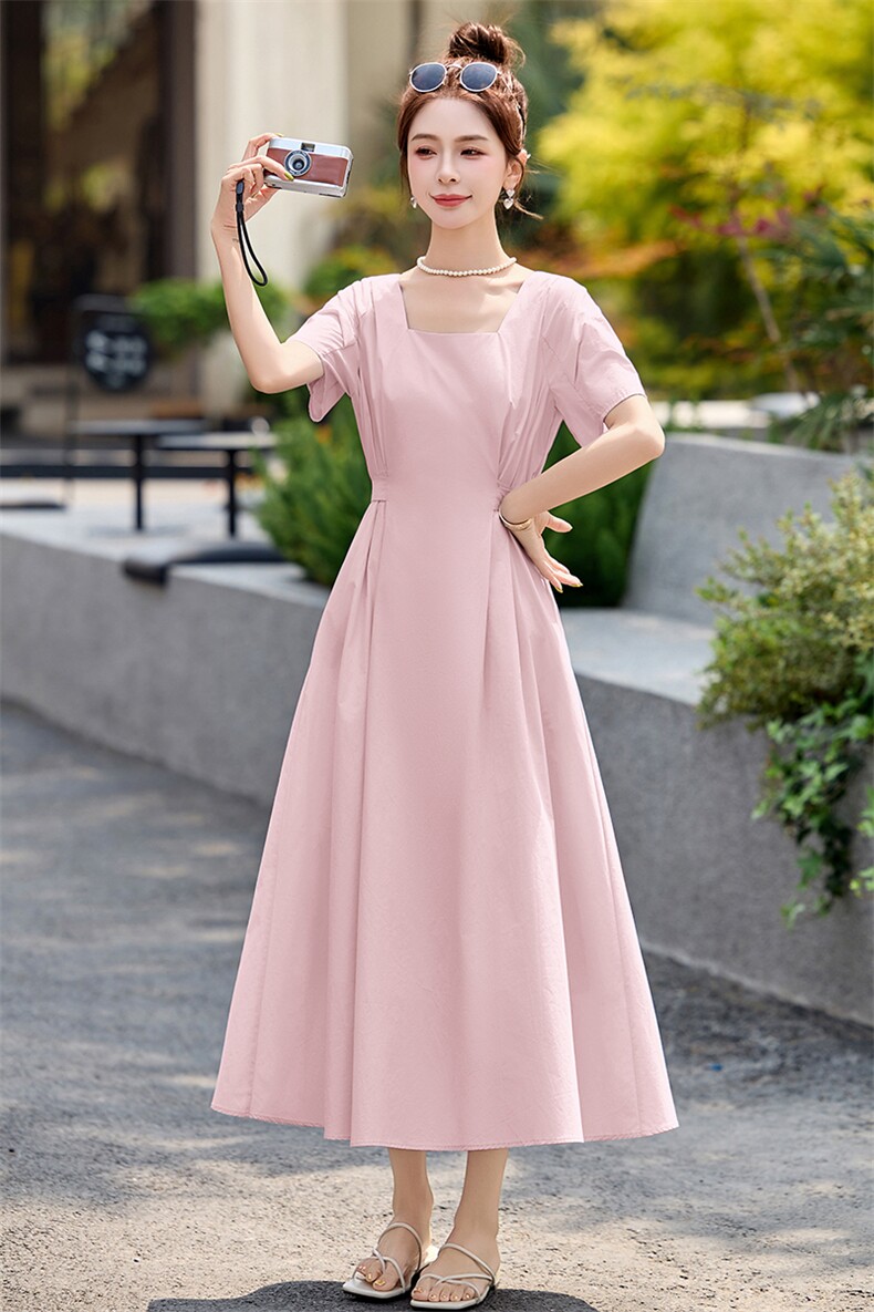 法式气质方领波点短袖连衣裙女2025夏季新款温柔风显瘦收腰茶歇裙,女装套装/套裙,奕可儿