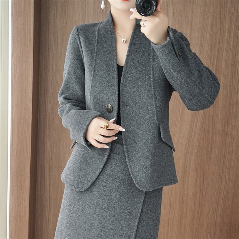 气质羊毛呢外套女套装2025秋冬季高级感双面羊绒大衣半身裙两件套,女装双面呢大衣,乾庄羊绒