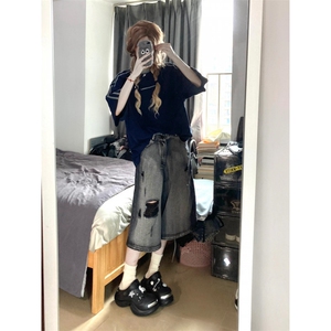 【网图有货】水洗破洞复古牛仔短裤男女宽松七分裤D622CC-特P40图片