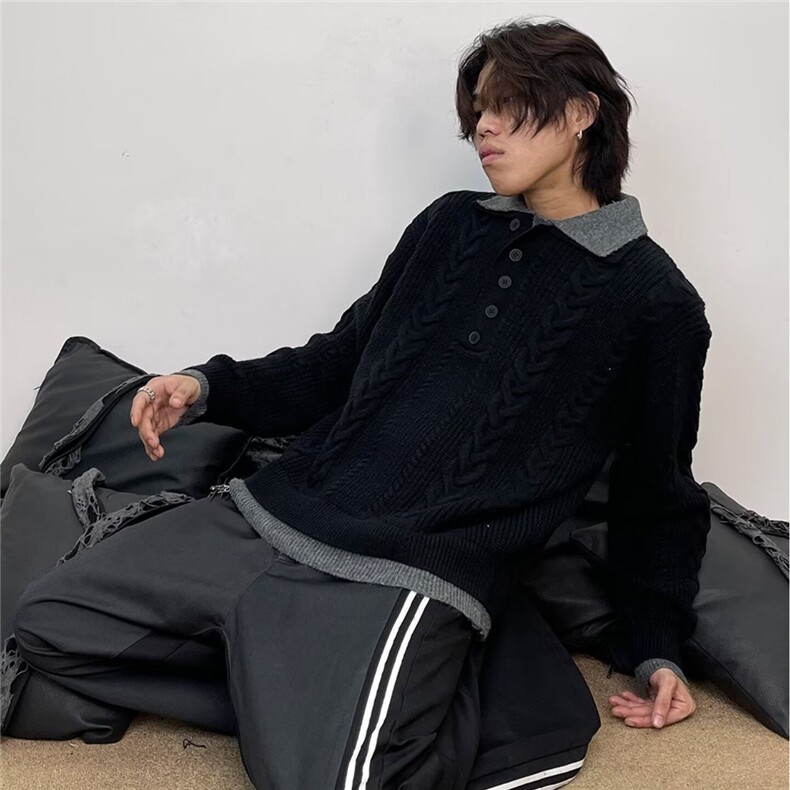 美式潮牌假两件衬衫领毛衣男女重磅宽松休闲百搭情侣针织上衣,男装针织衫/毛衣,星座410-6（原星座1304-1）