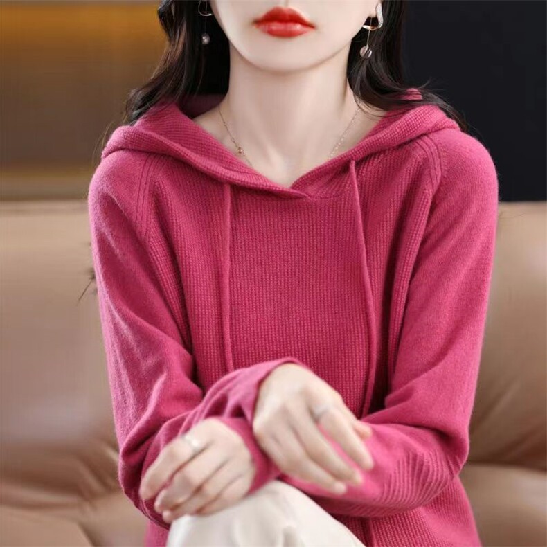 春秋新款连帽套头长袖羊毛卫衣女韩版宽松休闲短款纯色毛衣，女装针织衫/毛衣，恒旺羊绒