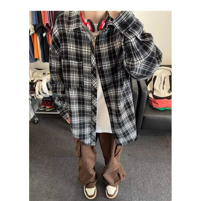 黑白格子长袖衬衫男秋季潮牌美式复古宽松衬衣情侣休闲外套 CDS03图片