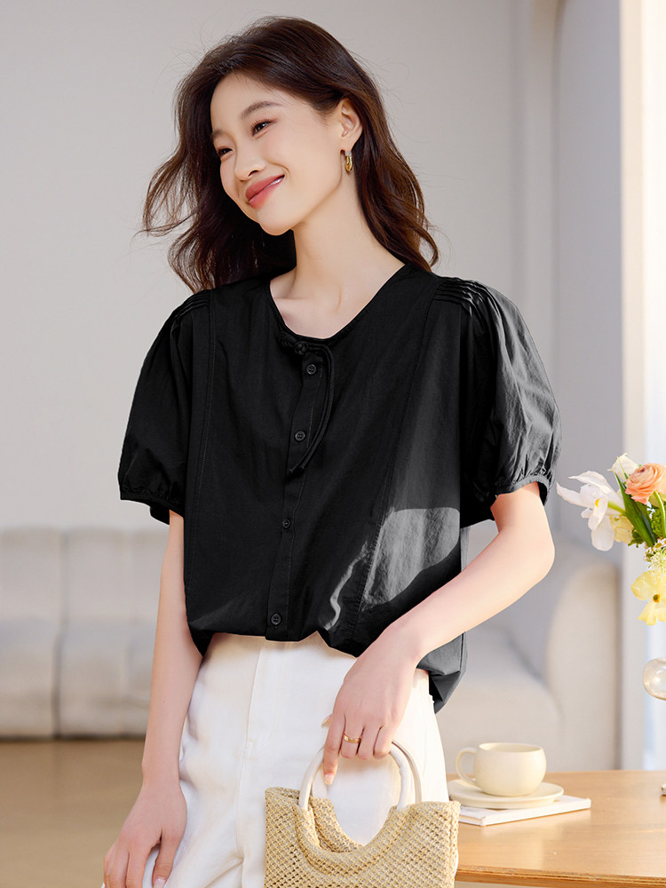 新中式盘扣短袖纯棉衬衣女2025夏季新款休闲宽松显瘦圆领衬衫上衣,女装衬衫,文熹诺