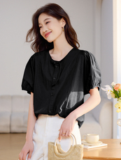 新中式盘扣短袖纯棉衬衣女2025夏季新款休闲宽松显瘦圆领衬衫上衣，女装衬衫，文熹诺