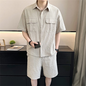 2025夏季 冰丝短袖短裤透气褶皱两件套运动休闲套装 2716-P95图片