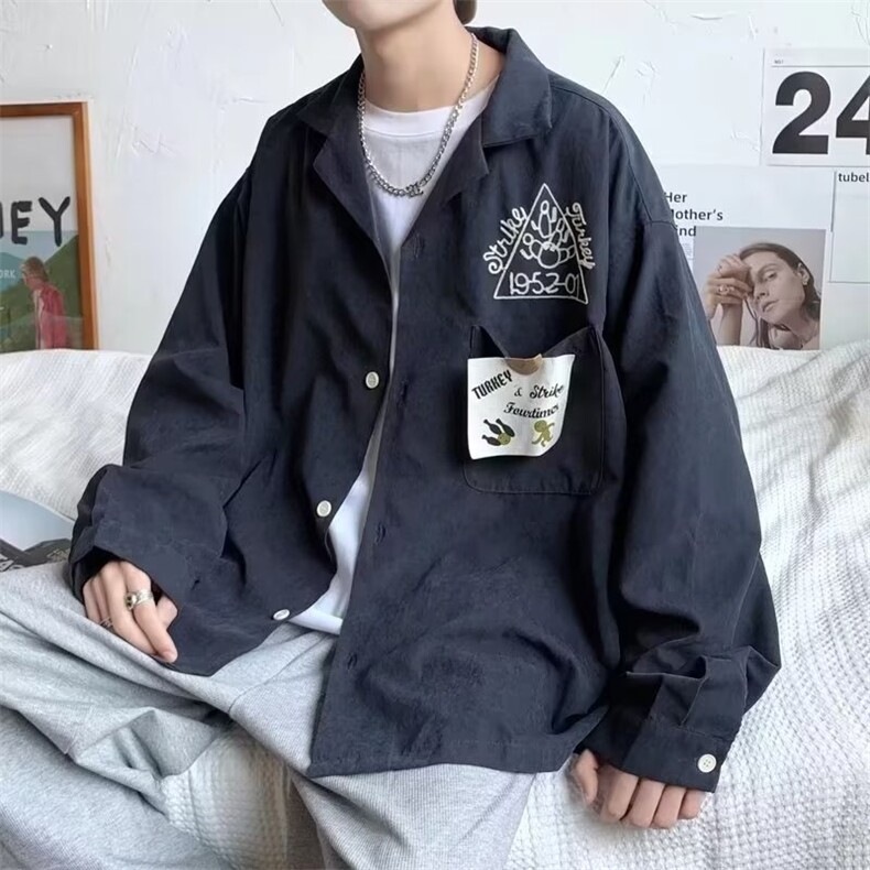 美式复古刺绣长袖衬衫男2023春季宽松休闲百搭工装上衣 W6934-P33图片